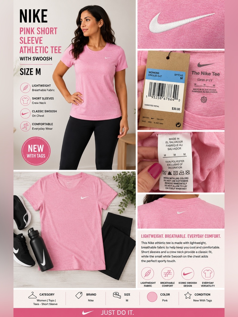 Nike Pink Short Sleeve Athletic Tee with Swoosh NEW Size M